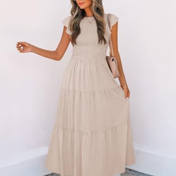 Flutter Sleeve Smocked Midi Dress Tiered Skirt Elastic Waist Cottagecore Chic - Picture 7 of 8